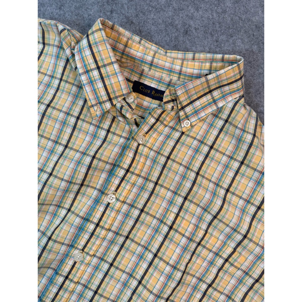 Club Room Mens Large Yellow Plaid Short Sleeve Button Down Cotton Shirt
